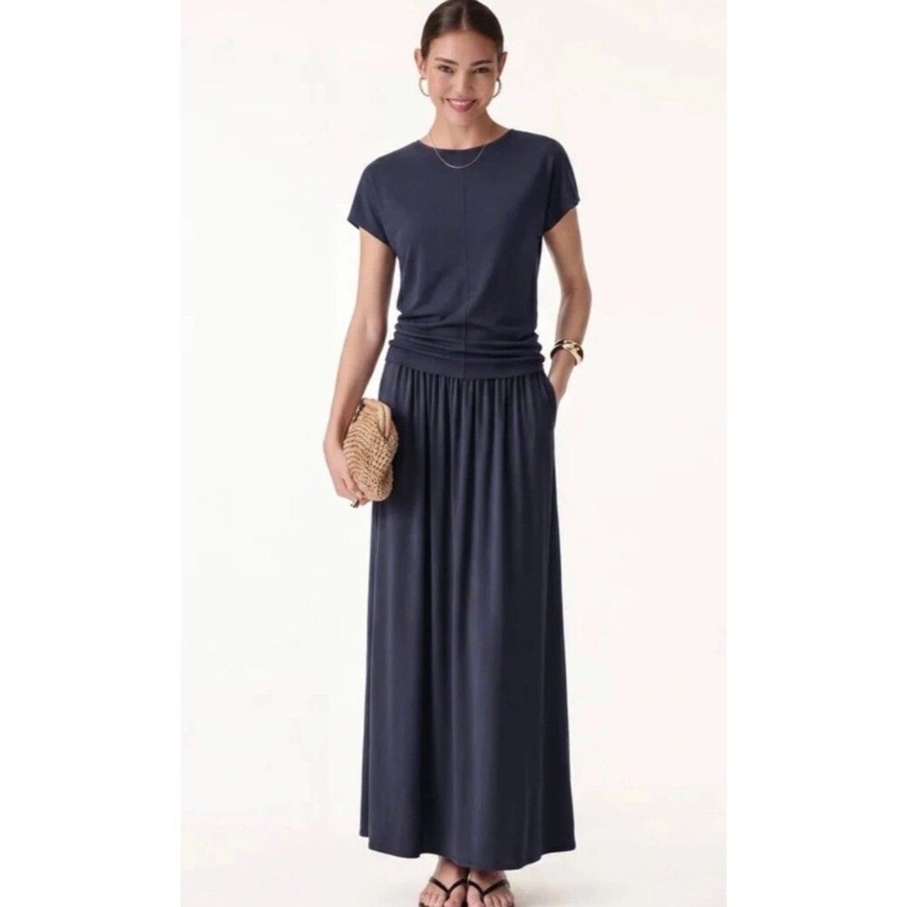 OGL Tencel Linen 2Pc Maxi Skirt Set Womens Large Round Neck Top Pockets Navy New